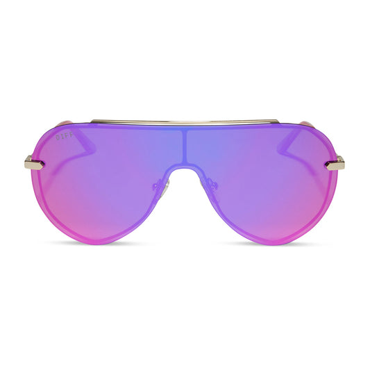 diff eyewear imani oversized shield sunglasses with a gold metal frame and pink rush mirror lenses front view