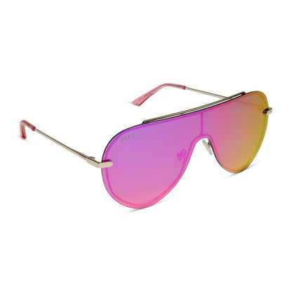 diff eyewear imani oversized shield sunglasses with a gold metal frame and pink rush mirror lenses angled view