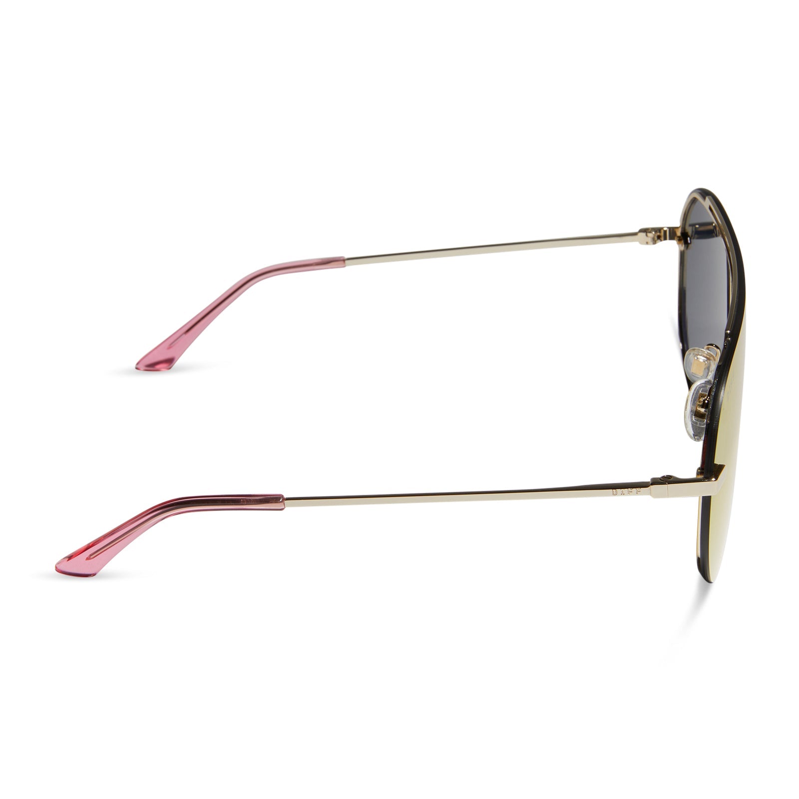 diff eyewear imani oversized shield sunglasses with a gold metal frame and pink rush mirror lenses side view