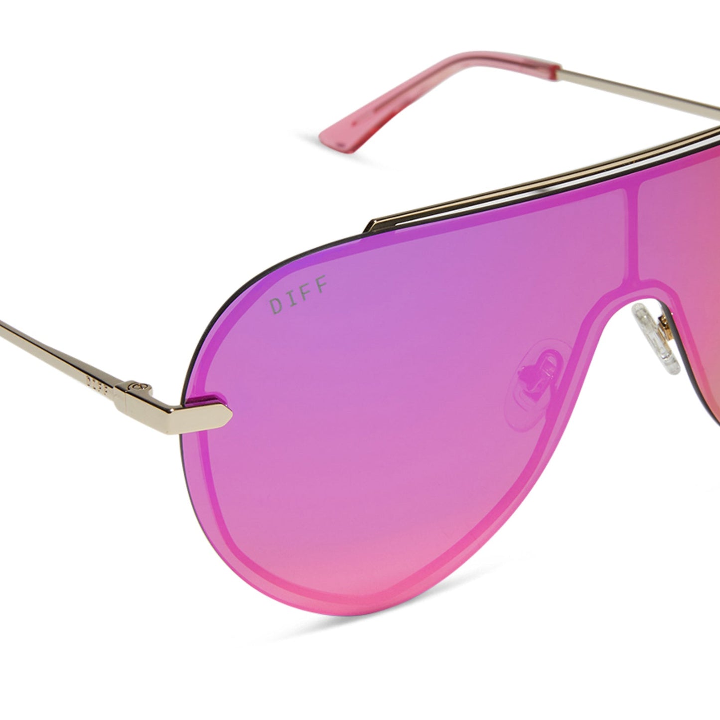 diff eyewear imani oversized shield sunglasses with a gold metal frame and pink rush mirror lenses detailed view