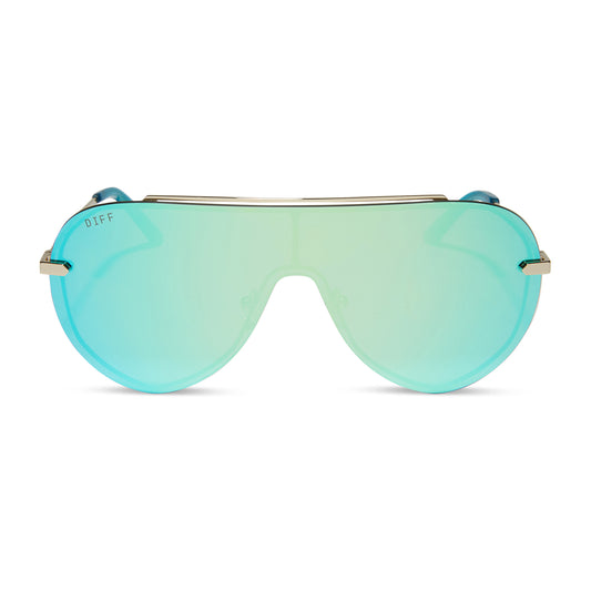 diff eyewear featuring the imani shield sunglasses with a gold frame and turquoise ice mirror lenses front view