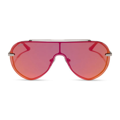 diff eyewear featuring the imani shield sunglasses with a gunmetal frame and red hot summer mirror lenses front view