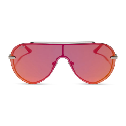 diff eyewear featuring the imani shield sunglasses with a gunmetal frame and red hot summer mirror lenses front view
