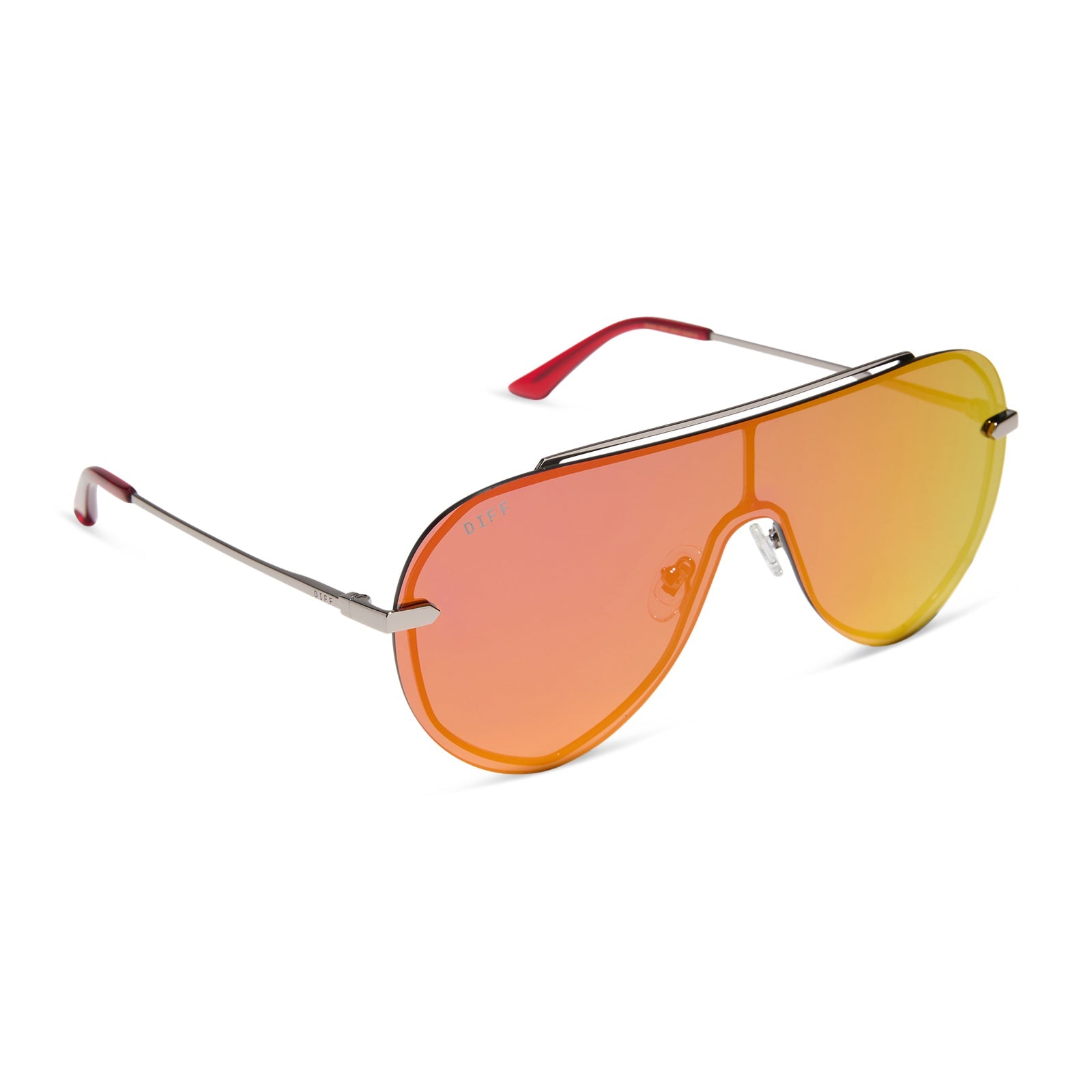 diff eyewear featuring the imani shield sunglasses with a gunmetal frame and red hot summer mirror lenses angled view