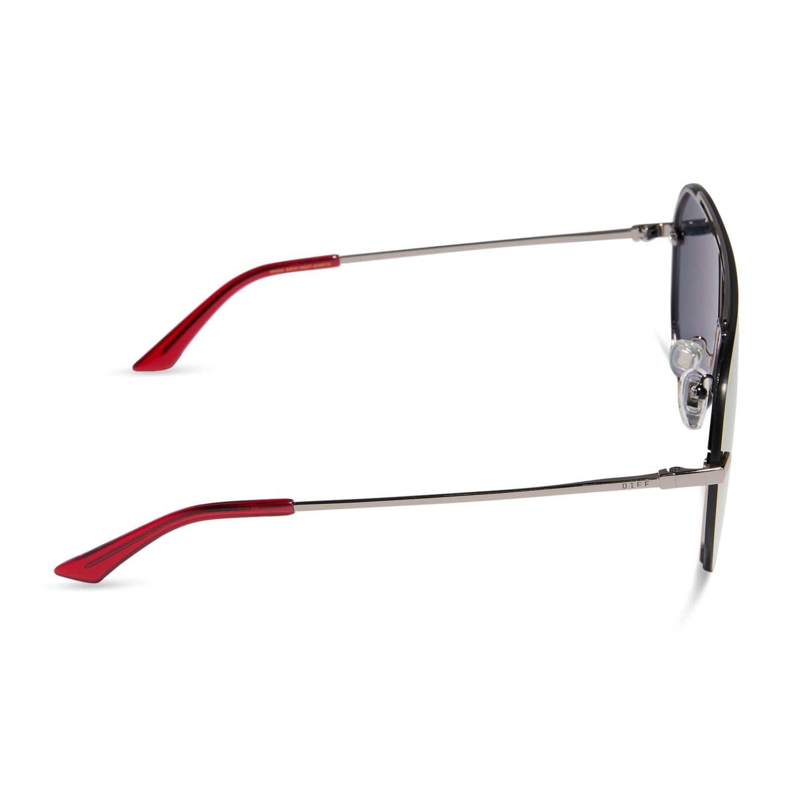 diff eyewear featuring the imani shield sunglasses with a gunmetal frame and red hot summer mirror lenses side view
