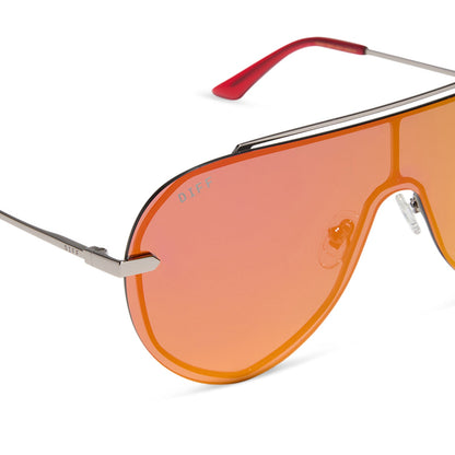 diff eyewear featuring the imani shield sunglasses with a gunmetal frame and red hot summer mirror lenses detailed view