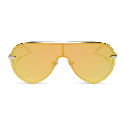 diff eyewear imani shield sunglasses with a silver frame and gold mirror lenses front view