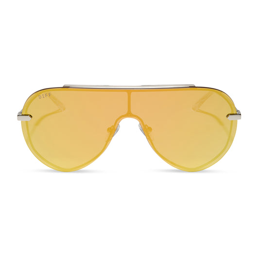 diff eyewear imani shield sunglasses with a silver frame and gold mirror lenses front view