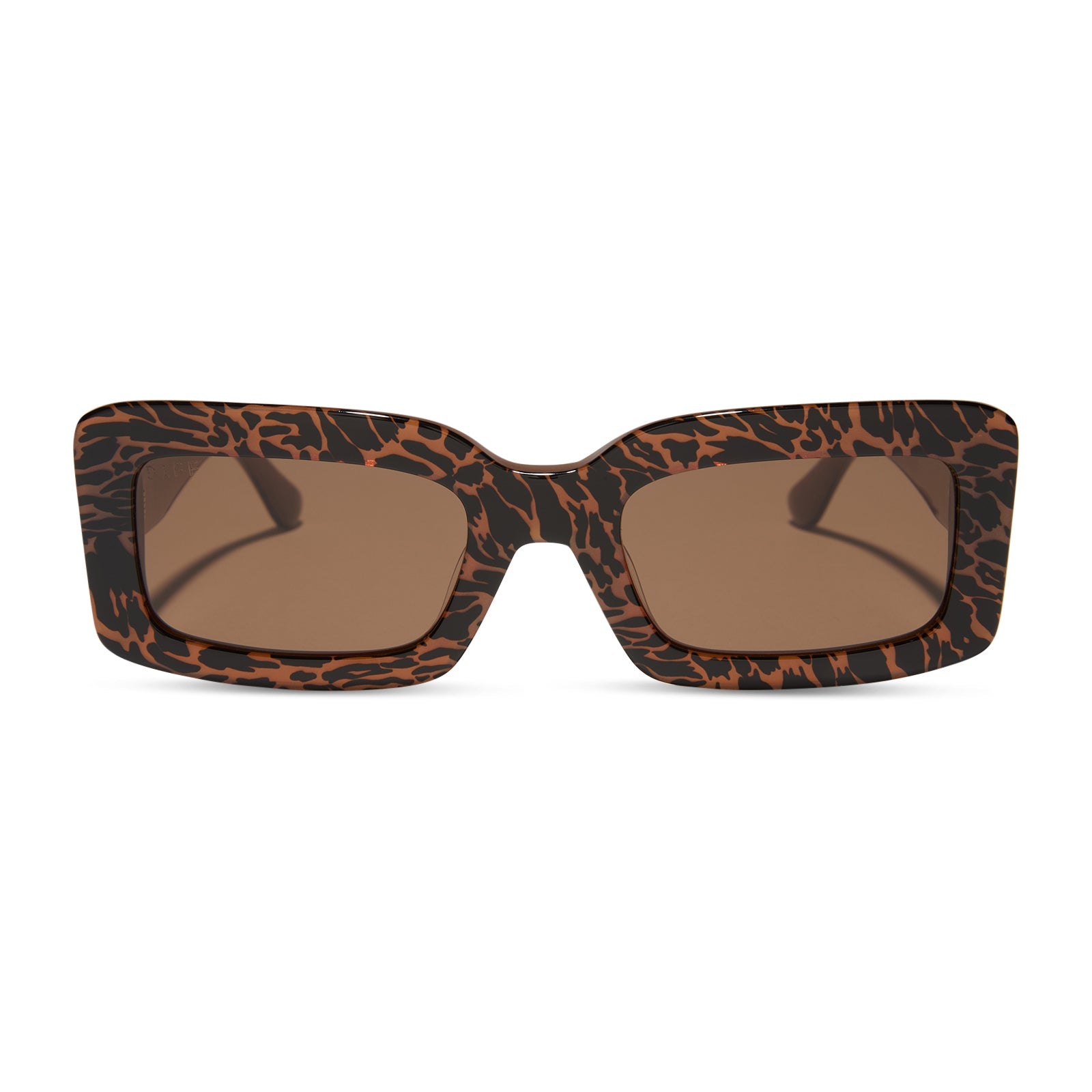 diff eyewear featuring the indy rectangle sunglasses with a animal print frame and brown lenses front view