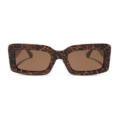 diff eyewear featuring the indy rectangle sunglasses with a animal print frame and brown lenses front view