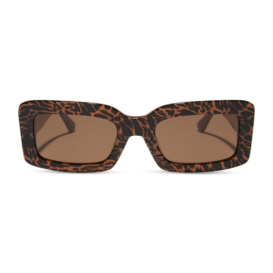diff eyewear featuring the indy rectangle sunglasses with a animal print frame and brown lenses front view