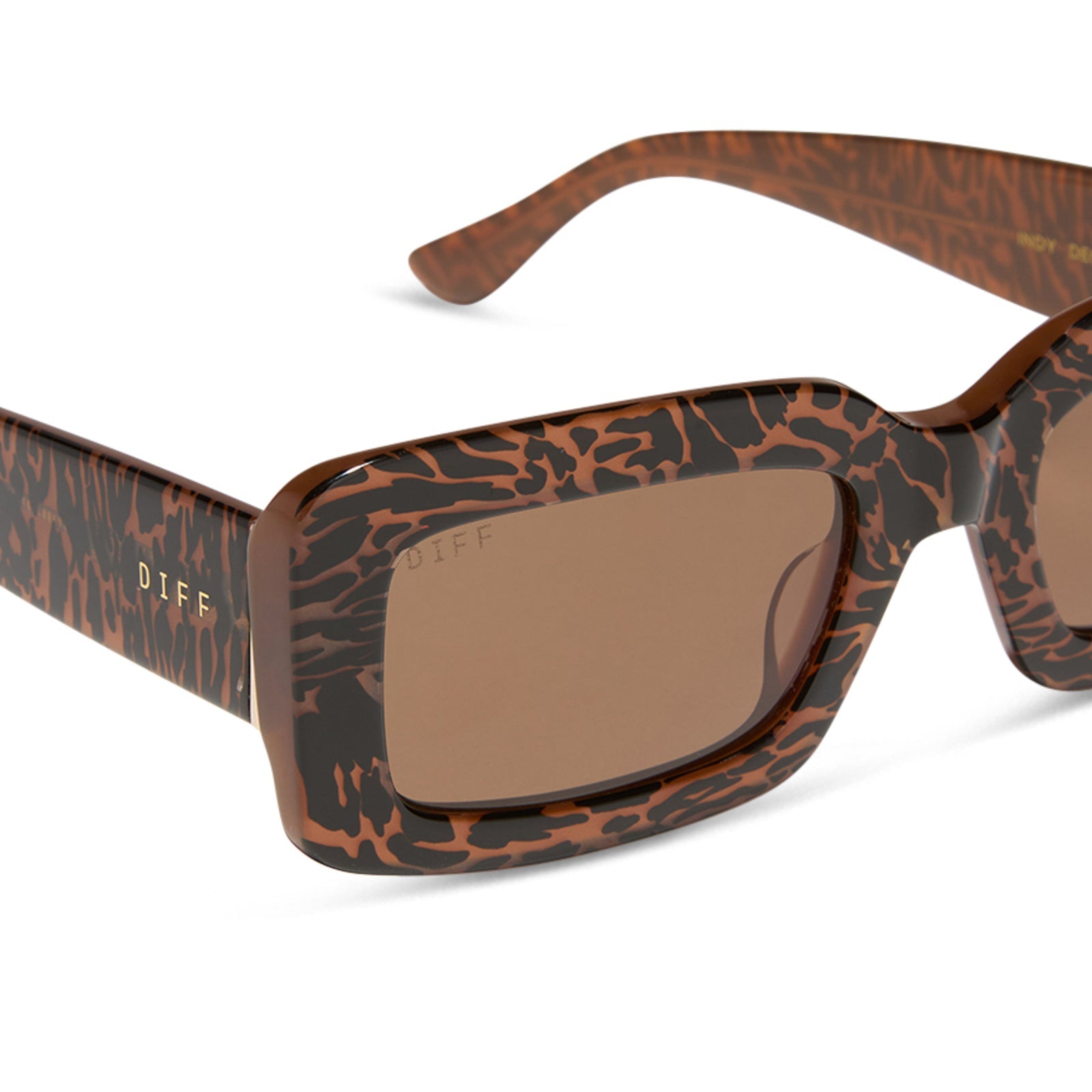 diff eyewear featuring the indy rectangle sunglasses with a animal print frame and brown lenses detailed view