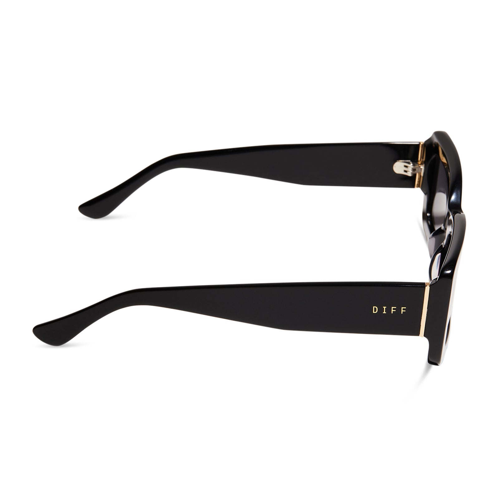 diff eyewear indy rectangular sunglasses with a black acetate frame and grey polarized lenses side view
