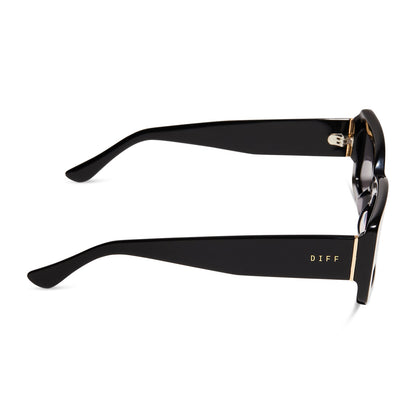 diff eyewear indy rectangular sunglasses with a black acetate frame and grey polarized lenses side view
