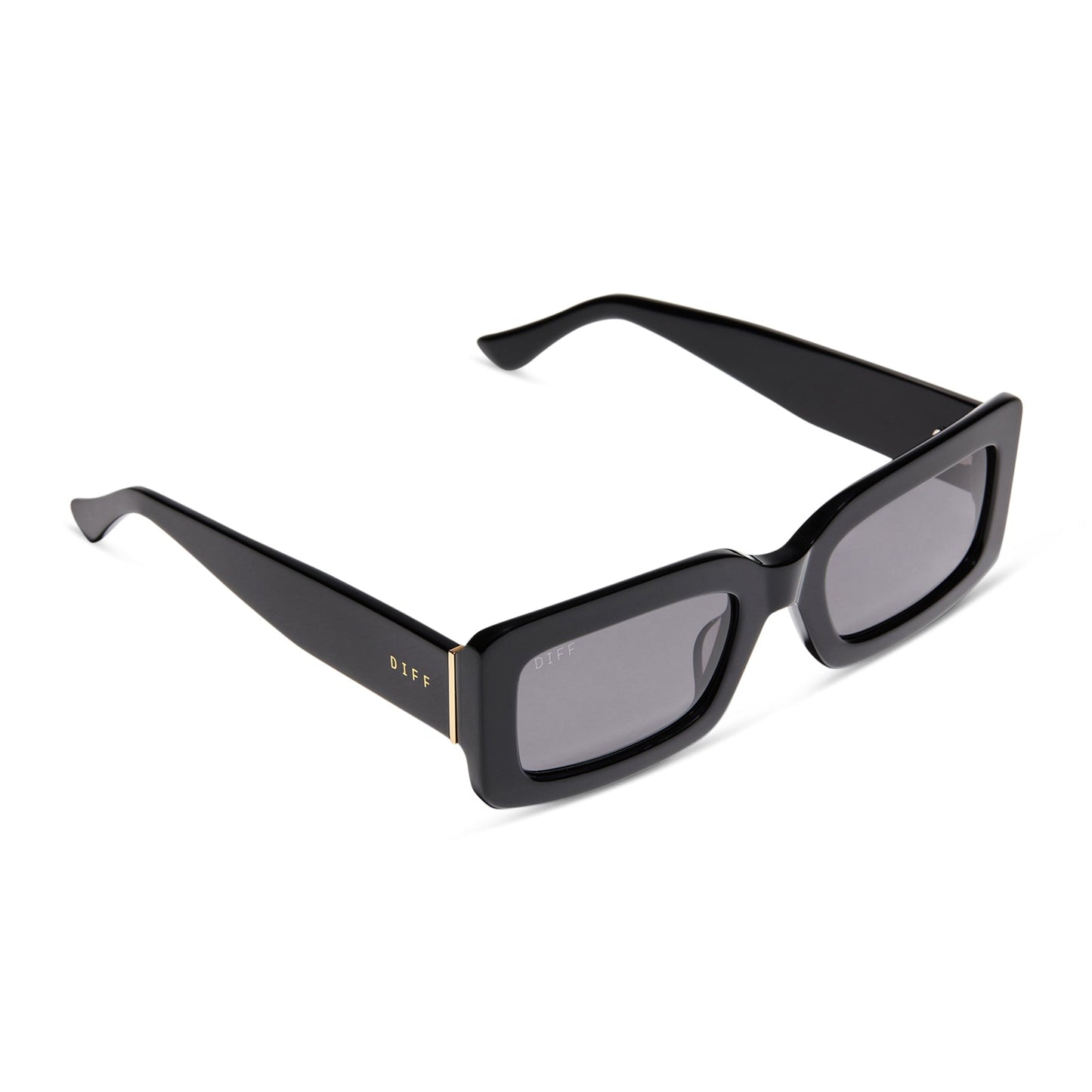 diff eyewear indy rectangular sunglasses with a black acetate frame and grey polarized lenses detailed view