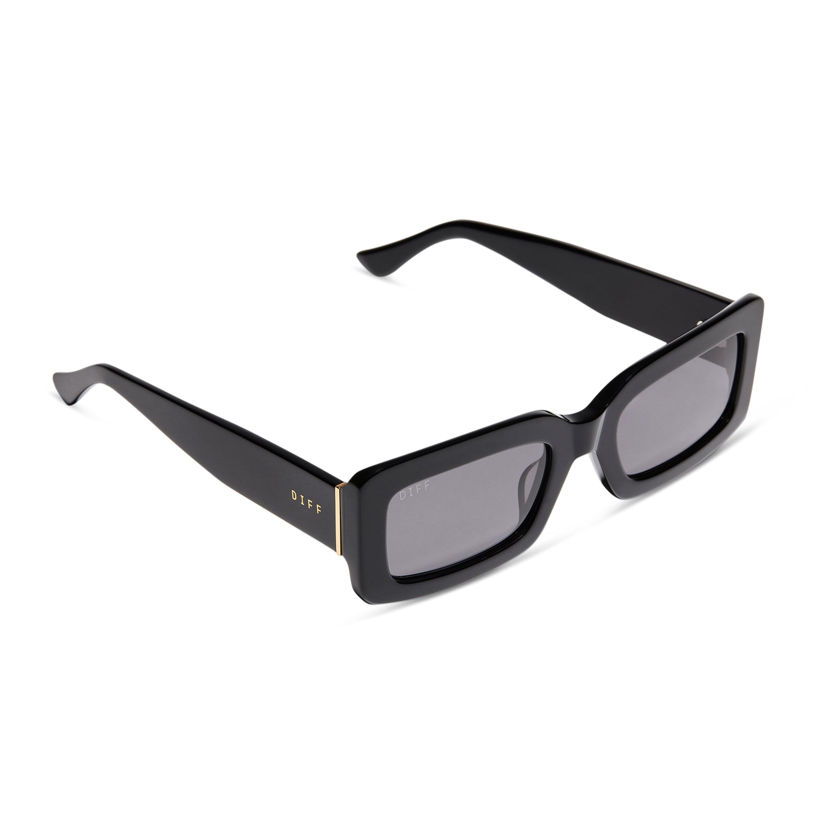 diff eyewear indy rectangular sunglasses with a black acetate frame and grey polarized lenses detailed view