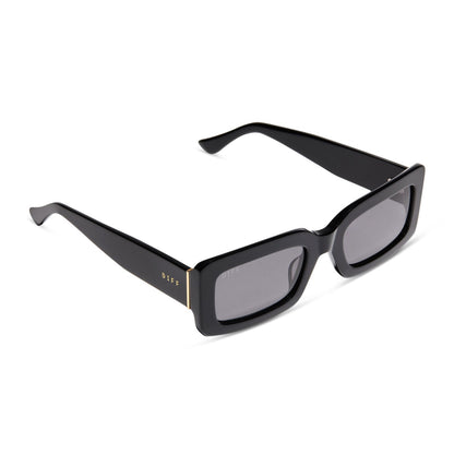 diff eyewear indy rectangular sunglasses with a black acetate frame and grey polarized lenses detailed view