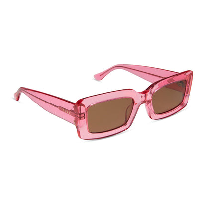 diff eyewear indy square sunglasses with a candy pink crystal frame and brown lenses angled view