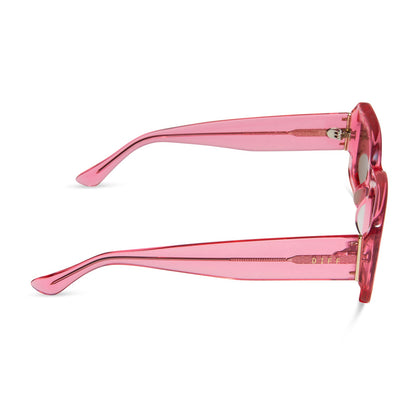 diff eyewear indy square sunglasses with a candy pink crystal frame and brown lenses side view