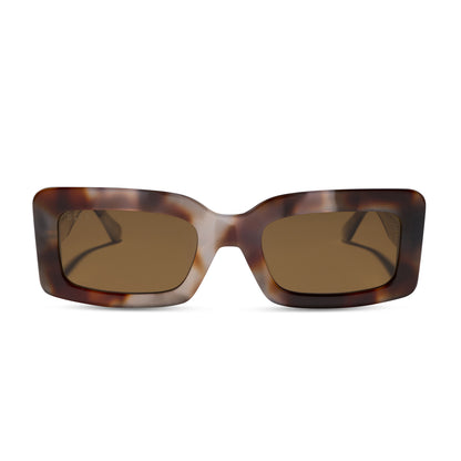 diff eyewear indy low profile rectangular sunglasses with a dove tortoise acetate frame and brown polarized lenses front view