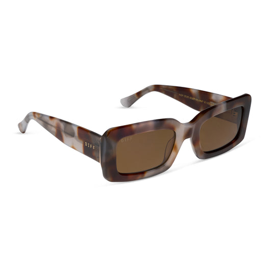 diff eyewear indy low profile rectangular sunglasses with a dove tortoise acetate frame and brown polarized lenses angled view