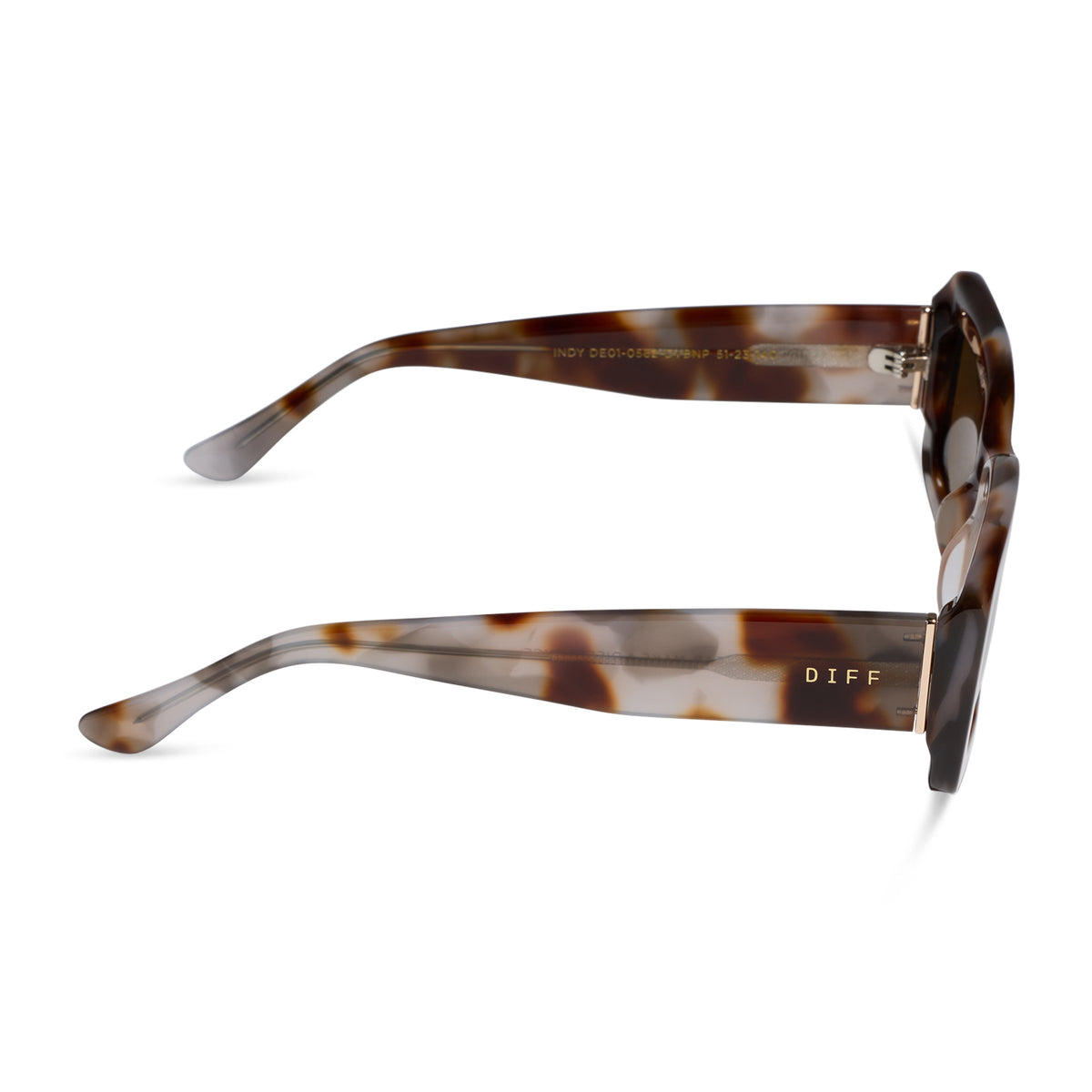diff eyewear indy low profile rectangular sunglasses with a dove tortoise acetate frame and brown polarized lenses side view