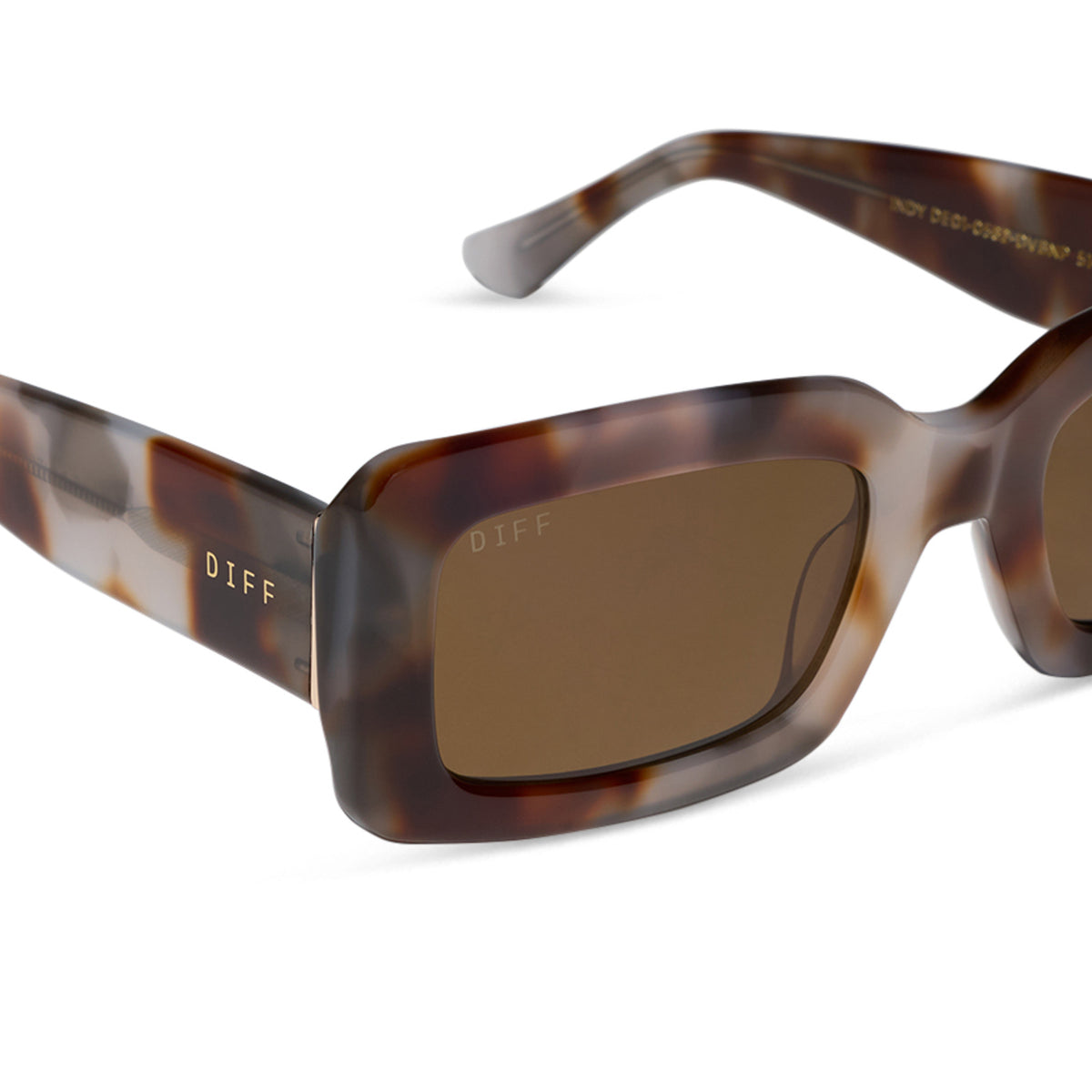 diff eyewear indy low profile rectangular sunglasses with a dove tortoise acetate frame and brown polarized lenses detailed view
