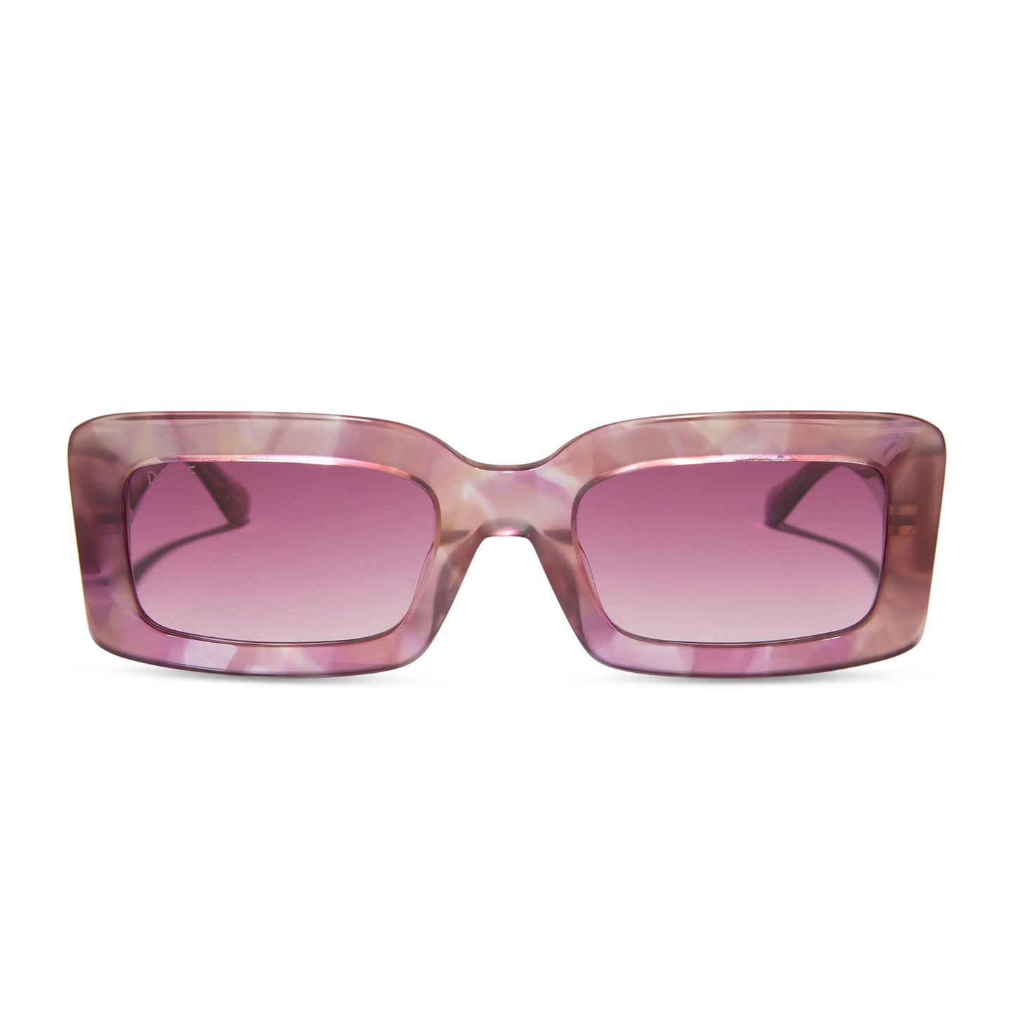 diff eyewear featuring the indy rectangle sunglasses with a fleur pink tortoise frame and wine gradient lenses front view