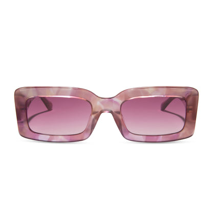 diff eyewear featuring the indy rectangle sunglasses with a fleur pink tortoise frame and wine gradient lenses front view