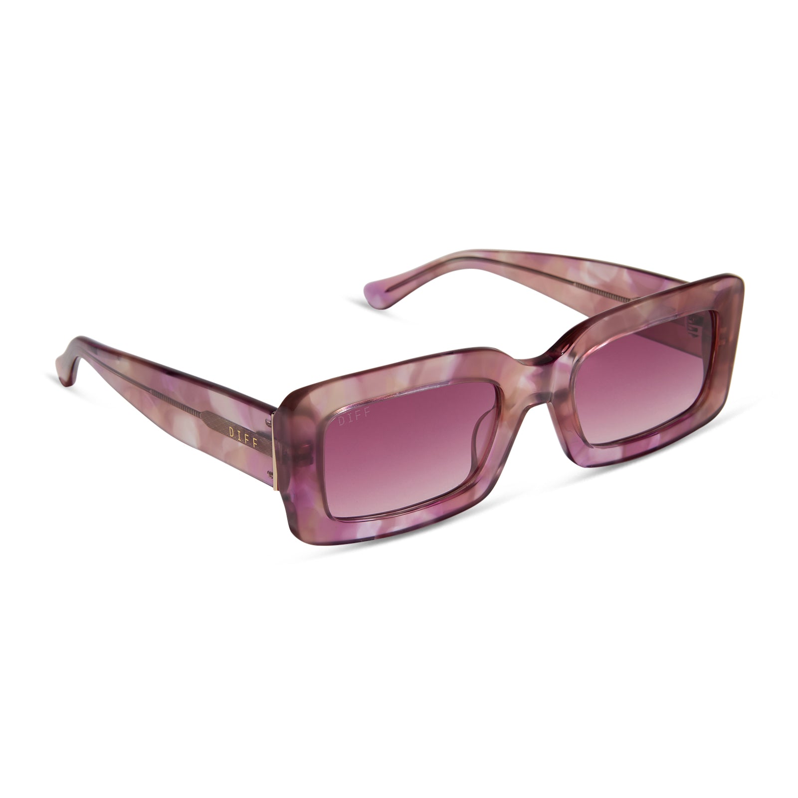 diff eyewear featuring the indy rectangle sunglasses with a fleur pink tortoise frame and wine gradient lenses angled view