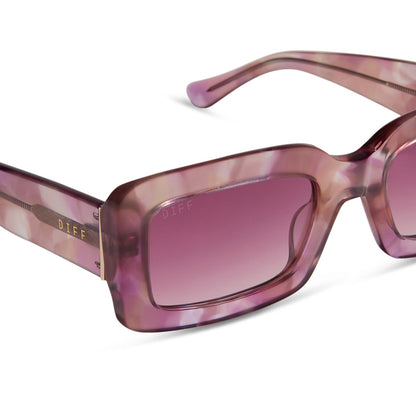 diff eyewear featuring the indy rectangle sunglasses with a fleur pink tortoise frame and wine gradient lenses detailed view