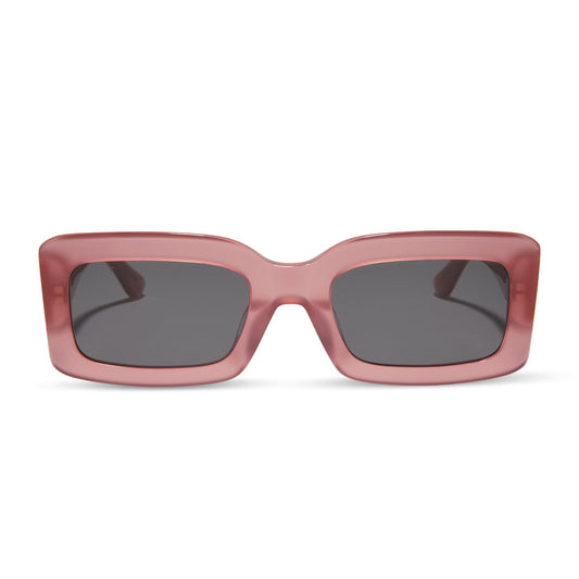 diff eyewear featuring the indy rectangle sunglasses with a guava pink frame and grey lenses front view