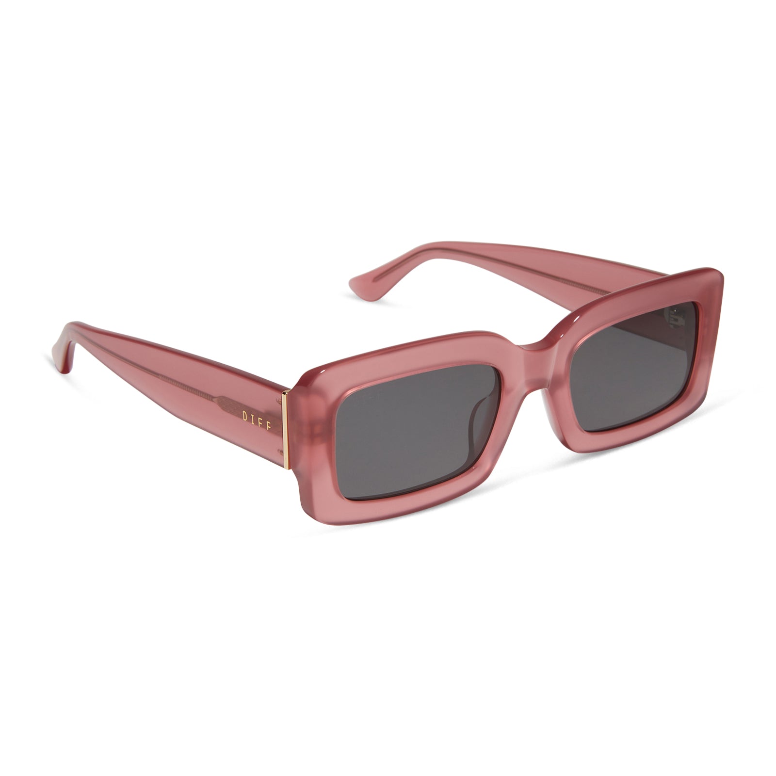 diff eyewear featuring the indy rectangle sunglasses with a guava pink frame and grey lenses angled view