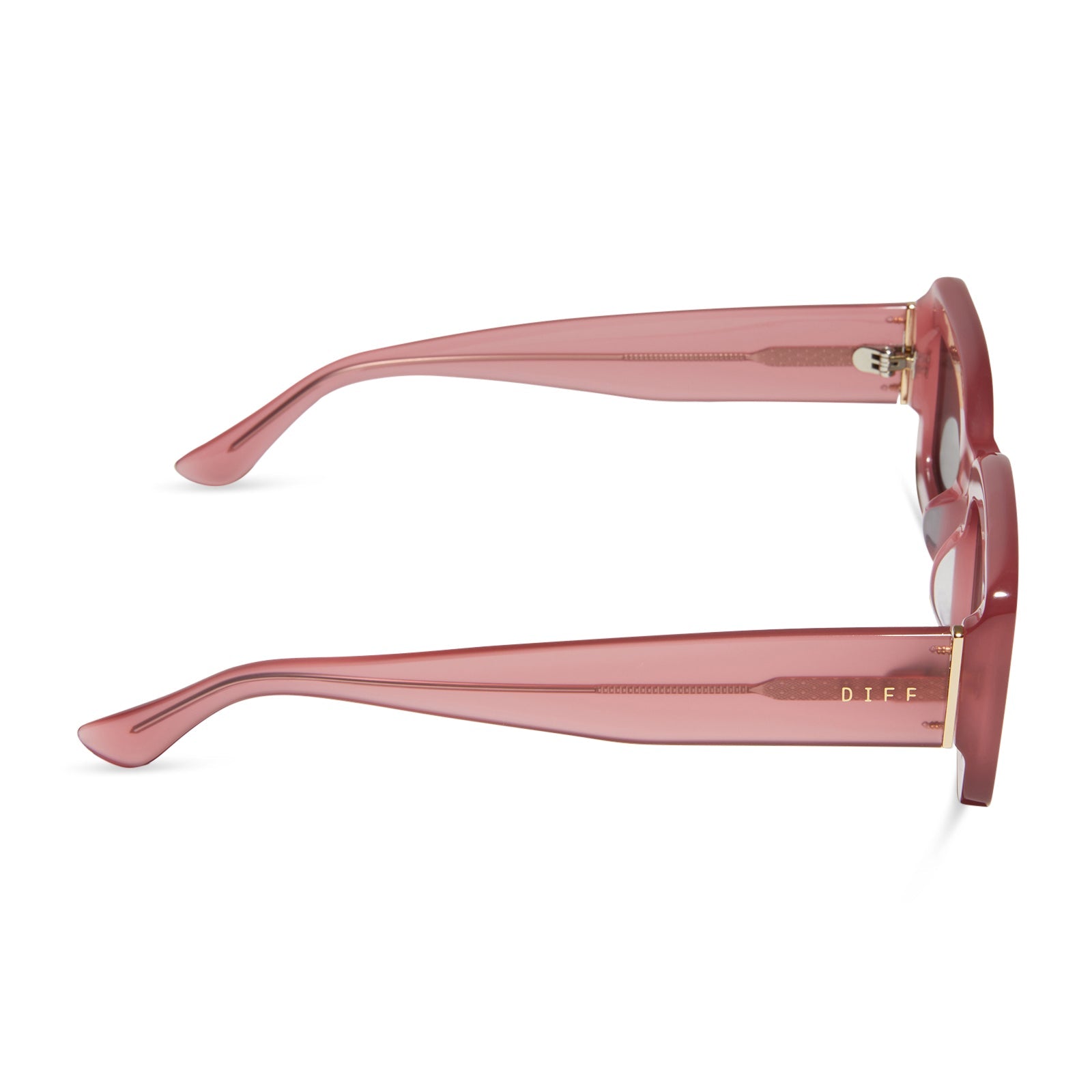 diff eyewear featuring the indy rectangle sunglasses with a guava pink frame and grey lenses side view