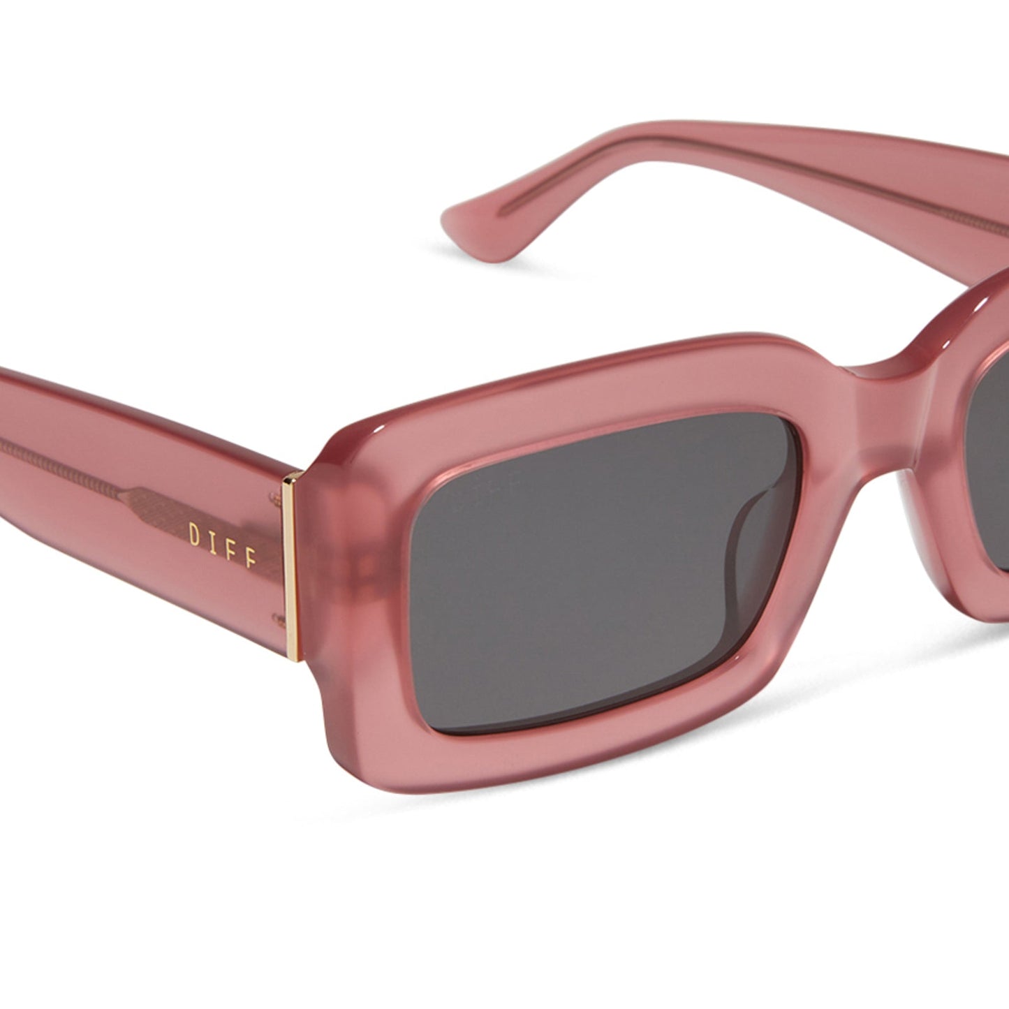 diff eyewear featuring the indy rectangle sunglasses with a guava pink frame and grey lenses detailed view