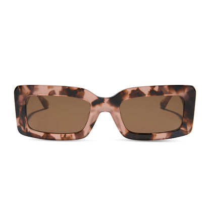 diff eyewear featuring the indy rectangle sunglasses with a himalayan brown tortoise frame and brown lenses front view