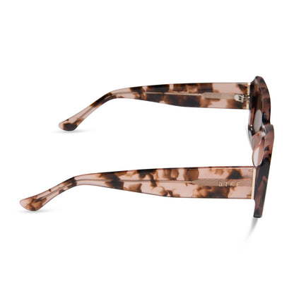 diff eyewear featuring the indy rectangle sunglasses with a himalayan brown tortoise frame and brown polarized lenses side view