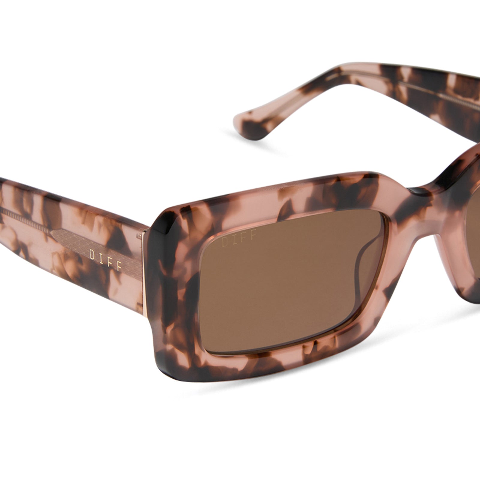 diff eyewear featuring the indy rectangle sunglasses with a himalayan brown tortoise frame and brown polarized lenses detailed view