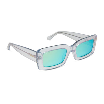 diff eyewear indy square sunglasses with a opalescent turquoise frame and turquoise ice lenses angled view