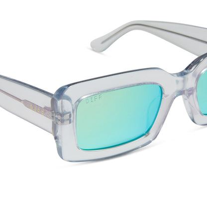 diff eyewear indy square sunglasses with a opalescent turquoise frame and turquoise ice lenses detailed view