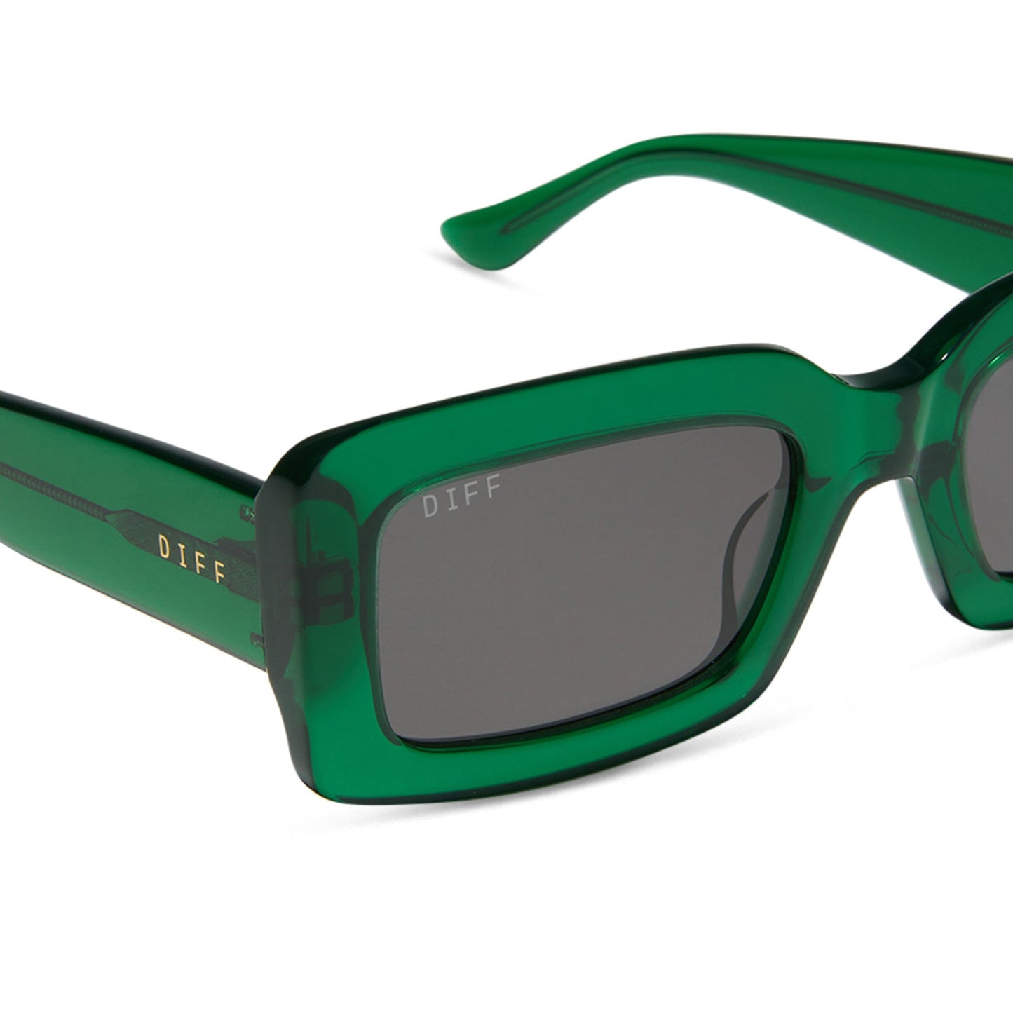 diff eyewear indy square sunglasses with a palm green crystal frame and grey polarized lenses detailed view