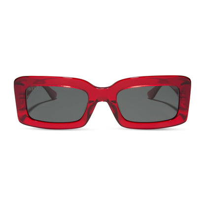 diff eyewear featuring the indy rectangle sunglasses with a red hot summer frame and grey polarized lenses front view