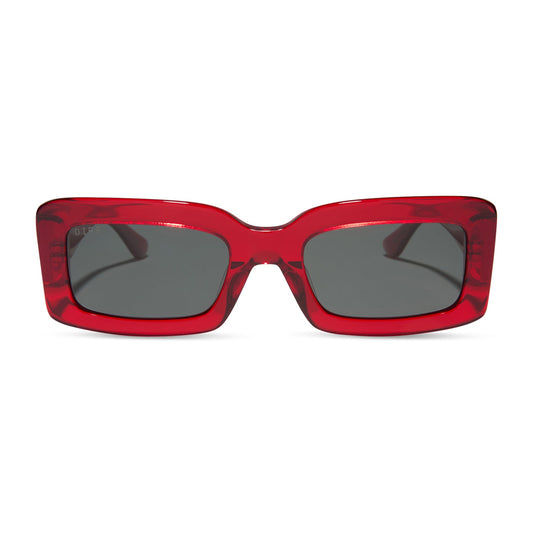 diff eyewear featuring the indy rectangle sunglasses with a red hot summer frame and grey polarized lenses front view