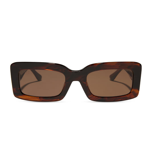 diff eyewear featuring the indy rectangle sunglasses with a sequoia tortoise frame and brown polarized lenses front view