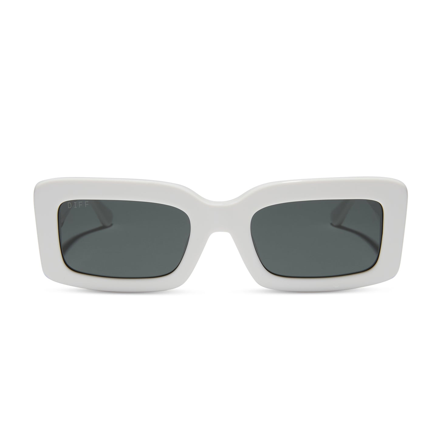 diff eyewear indy rectangular sunglasses with a white snowbound frame and grey polarized lenses front view