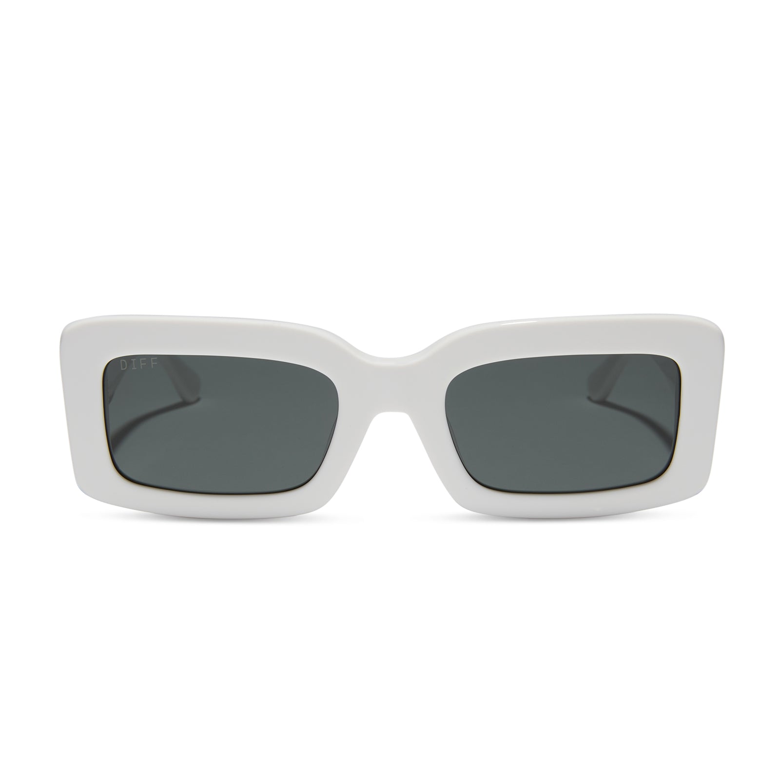 diff eyewear indy rectangular sunglasses with a white snowbound frame and grey polarized lenses front view