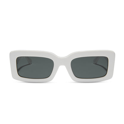 diff eyewear indy rectangular sunglasses with a white snowbound frame and grey polarized lenses front view