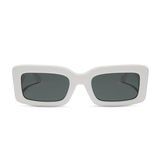 diff eyewear indy rectangular sunglasses with a white snowbound frame and grey polarized lenses front view