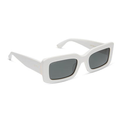 diff eyewear indy rectangular sunglasses with a white snowbound frame and grey polarized lenses angled view