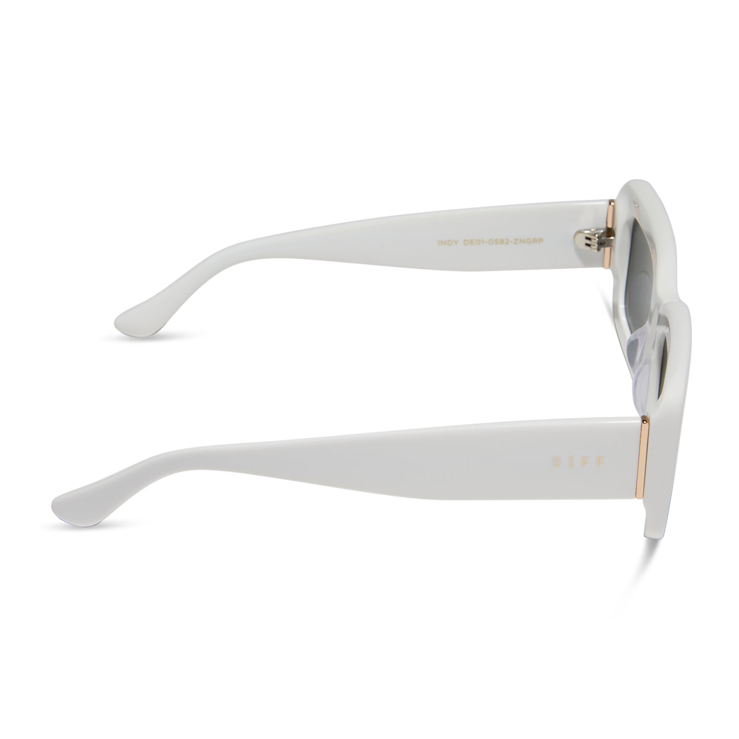 diff eyewear indy rectangular sunglasses with a white snowbound frame and grey polarized lenses side view